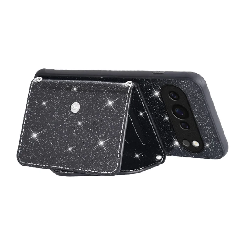 Google Pixel 9 Pro XL Hülle Kartenfach Ständer PU-Leder + TPU Glitzer Handyhülle mit Schultergurt - Schwarz
