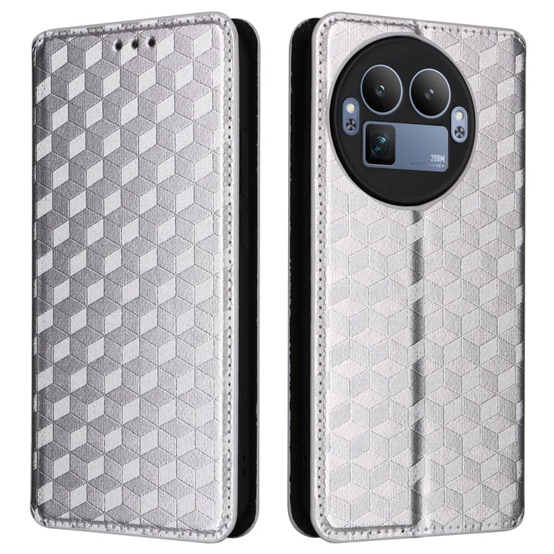 For Realme GT 8 Pro 5G Case Wallet Rhombus Imprinted PU Leather Phone Cover - Silver