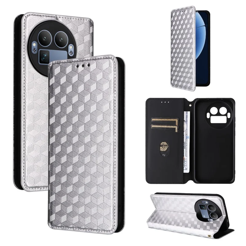 For Realme GT 8 Pro 5G Case Wallet Rhombus Imprinted PU Leather Phone Cover - Silver