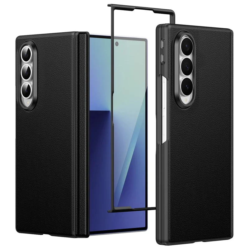 For Samsung Galaxy Z Fold4 5G Magnetic Case Hinge Protection Leather PC Phone Cover with Smart Side Button / Tempered Glass Film - Black