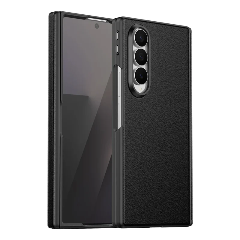 For Samsung Galaxy Z Fold4 5G Magnetic Case Hinge Protection Leather PC Phone Cover with Smart Side Button / Tempered Glass Film - Black