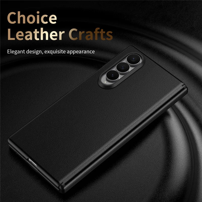 For Samsung Galaxy Z Fold4 5G Magnetic Case Hinge Protection Leather PC Phone Cover with Smart Side Button / Tempered Glass Film - Black