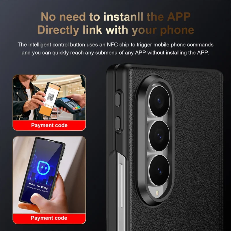 For Samsung Galaxy Z Fold4 5G Magnetic Case Hinge Protection Leather PC Phone Cover with Smart Side Button / Tempered Glass Film - Black