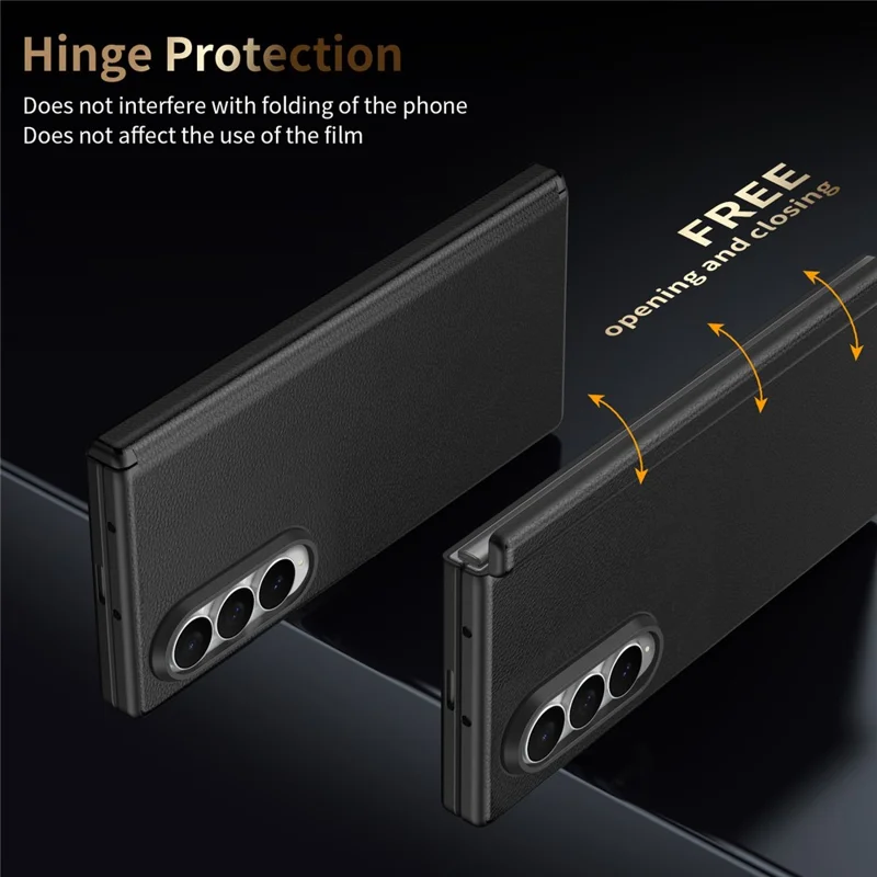 For Samsung Galaxy Z Fold4 5G Magnetic Case Hinge Protection Leather PC Phone Cover with Smart Side Button / Tempered Glass Film - Black