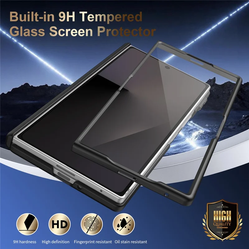 For Samsung Galaxy Z Fold4 5G Magnetic Case Hinge Protection Leather PC Phone Cover with Smart Side Button / Tempered Glass Film - Black