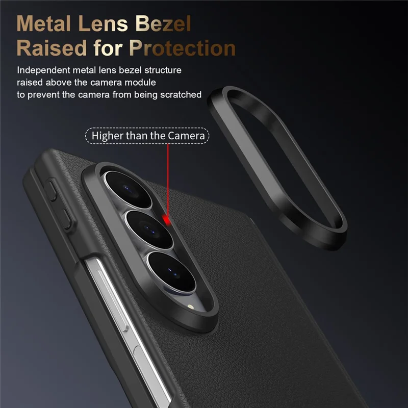 For Samsung Galaxy Z Fold4 5G Magnetic Case Hinge Protection Leather PC Phone Cover with Smart Side Button / Tempered Glass Film - Black