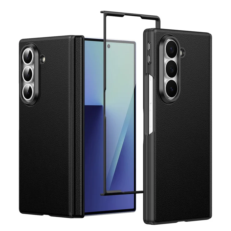 For Samsung Galaxy Z Fold5 5G Magnetic Case Hinge Protection Leather PC Phone Cover with Smart Side Button / Tempered Glass Film - Black