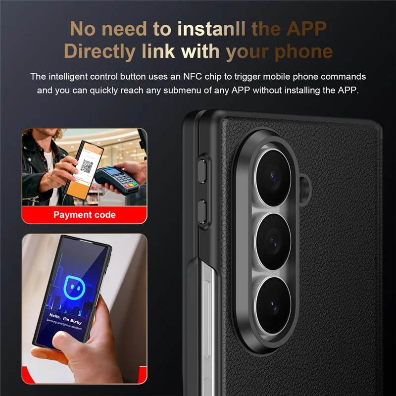 For Samsung Galaxy Z Fold5 5G Magnetic Case Hinge Protection Leather PC Phone Cover with Smart Side Button / Tempered Glass Film - Black