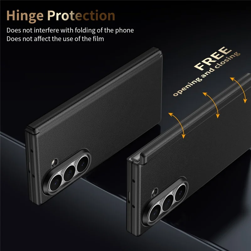 For Samsung Galaxy Z Fold5 5G Magnetic Case Hinge Protection Leather PC Phone Cover with Smart Side Button / Tempered Glass Film - Black