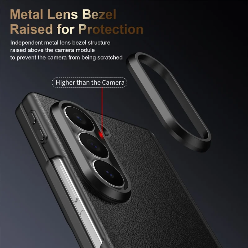 For Samsung Galaxy Z Fold5 5G Magnetic Case Hinge Protection Leather PC Phone Cover with Smart Side Button / Tempered Glass Film - Black