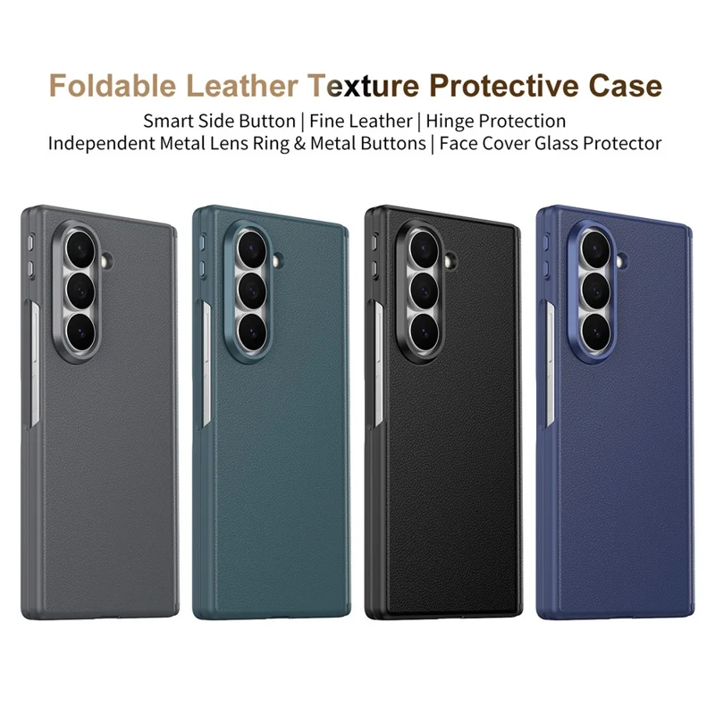 For Samsung Galaxy Z Fold5 5G Magnetic Case Hinge Protection Leather PC Phone Cover with Smart Side Button / Tempered Glass Film - Black