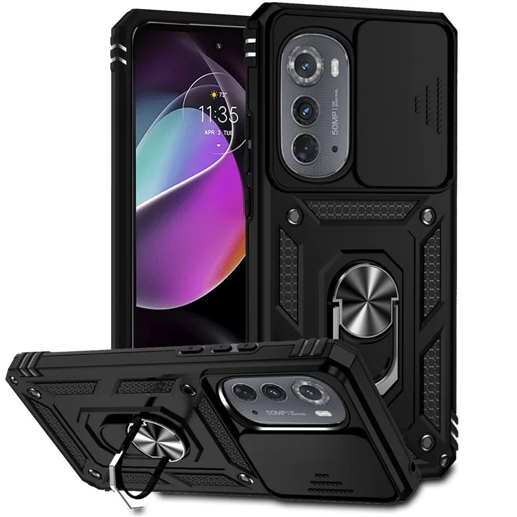 Para Motorola Edge (2022) 5G Slide Camera Lid Design PC + TPU Protective Phone Cover Drop-proof Back Case with Metal Ring Kickstand - Black