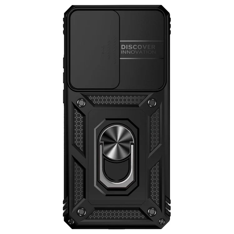 Para Motorola Edge (2022) 5G Slide Camera Lid Design PC + TPU Protective Phone Cover Drop-proof Back Case with Metal Ring Kickstand - Black