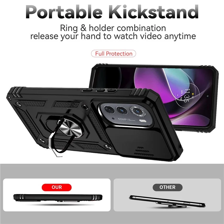 Para Motorola Edge (2022) 5G Slide Camera Lid Design PC + TPU Protective Phone Cover Drop-proof Back Case with Metal Ring Kickstand - Black