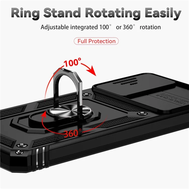 Para Motorola Edge (2022) 5G Slide Camera Lid Design PC + TPU Protective Phone Cover Drop-proof Back Case with Metal Ring Kickstand - Black