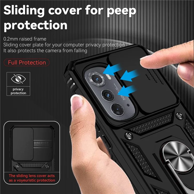 Para Motorola Edge (2022) 5G Slide Camera Lid Design PC + TPU Protective Phone Cover Drop-proof Back Case with Metal Ring Kickstand - Black