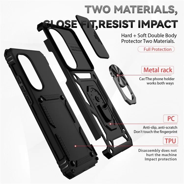 Para Motorola Edge (2022) 5G Slide Camera Lid Design PC + TPU Protective Phone Cover Drop-proof Back Case with Metal Ring Kickstand - Black