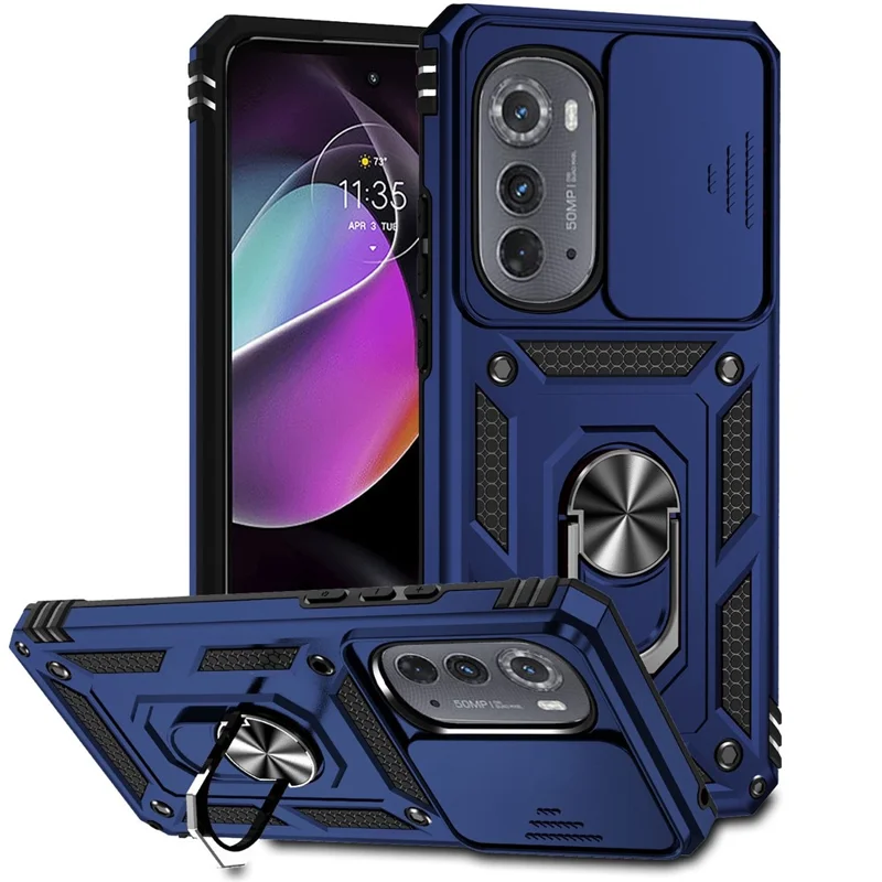 For Motorola Edge (2022) 5G Slide Camera Lid Design PC + TPU Protective Phone Cover Drop-proof Back Case with Metal Ring Kickstand - Blue