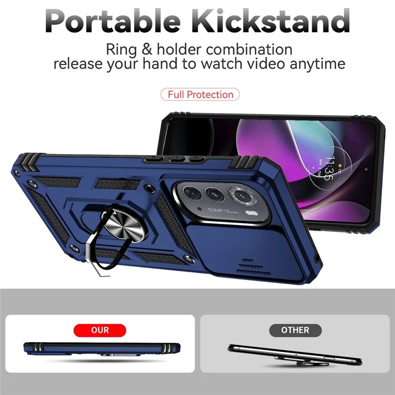 For Motorola Edge (2022) 5G Slide Camera Lid Design PC + TPU Protective Phone Cover Drop-proof Back Case with Metal Ring Kickstand - Blue