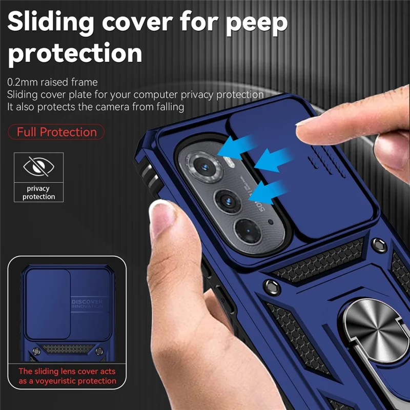 For Motorola Edge (2022) 5G Slide Camera Lid Design PC + TPU Protective Phone Cover Drop-proof Back Case with Metal Ring Kickstand - Blue