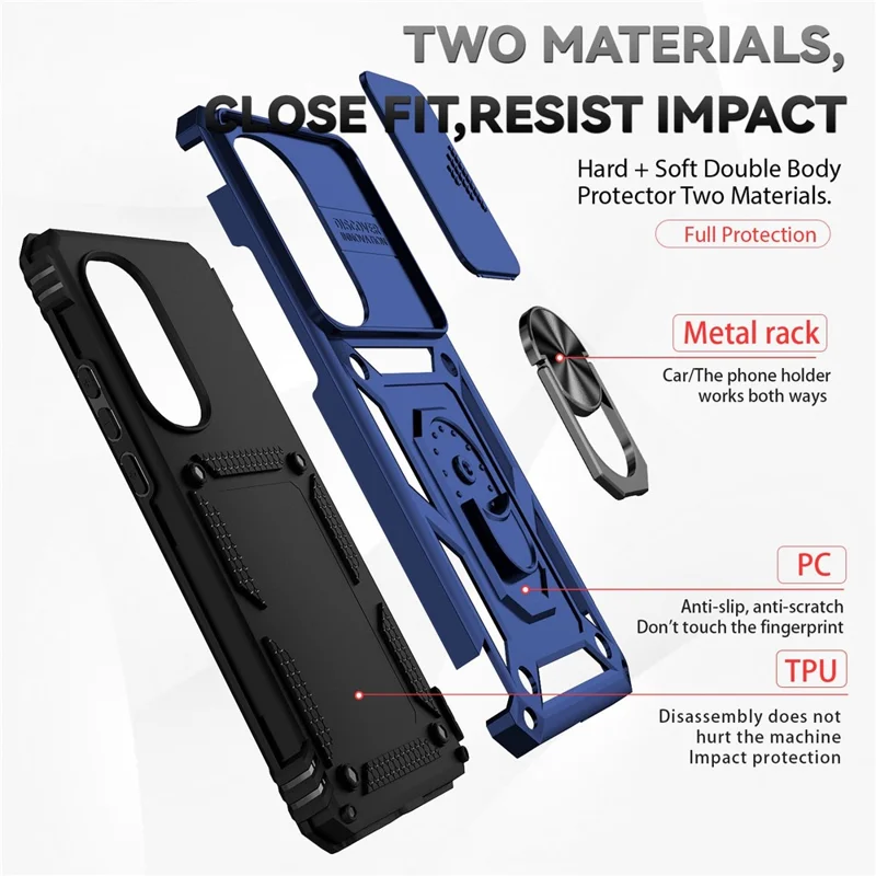 For Motorola Edge (2022) 5G Slide Camera Lid Design PC + TPU Protective Phone Cover Drop-proof Back Case with Metal Ring Kickstand - Blue