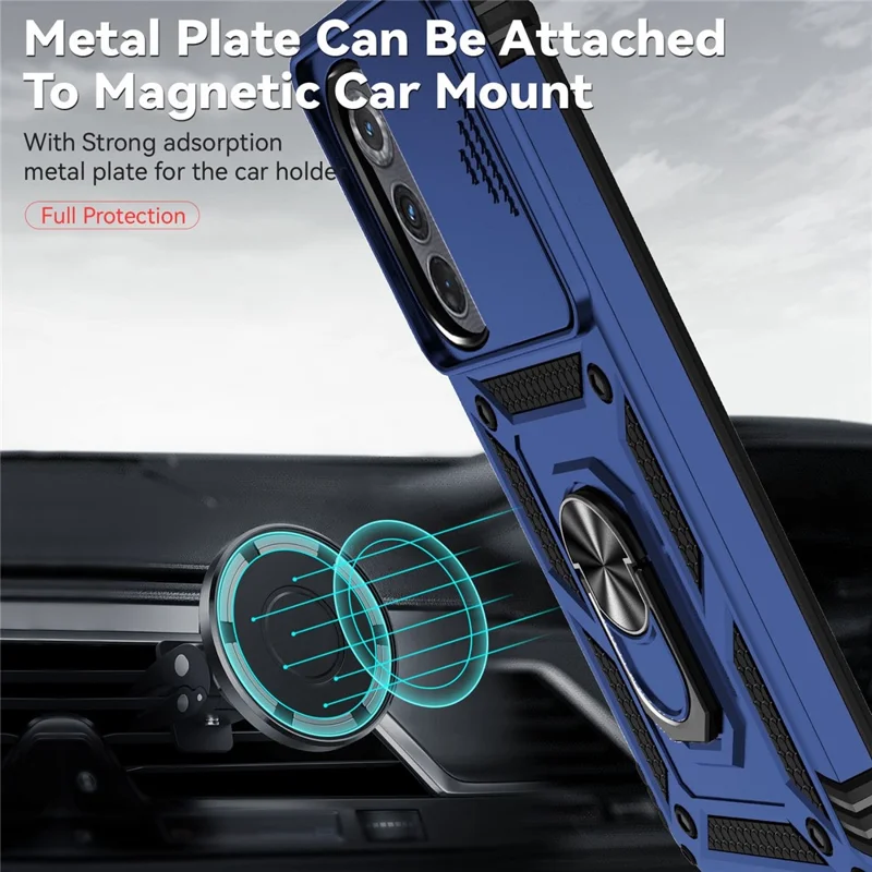 For Motorola Edge (2022) 5G Slide Camera Lid Design PC + TPU Protective Phone Cover Drop-proof Back Case with Metal Ring Kickstand - Blue