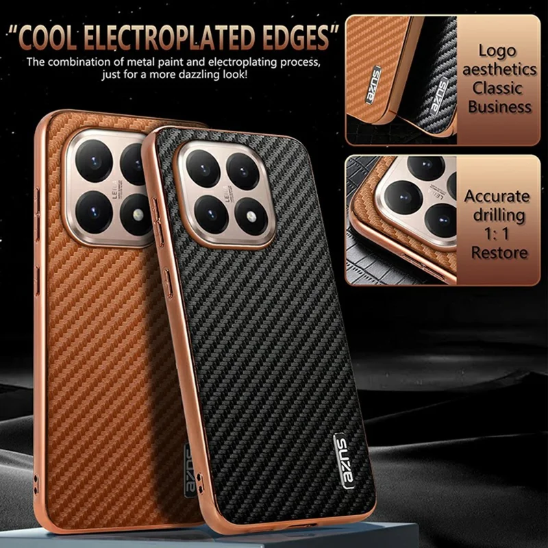 AZNS For Xiaomi 15T Case Electroplating Carbon Fiber Texture PU + TPU Phone Cover - Black