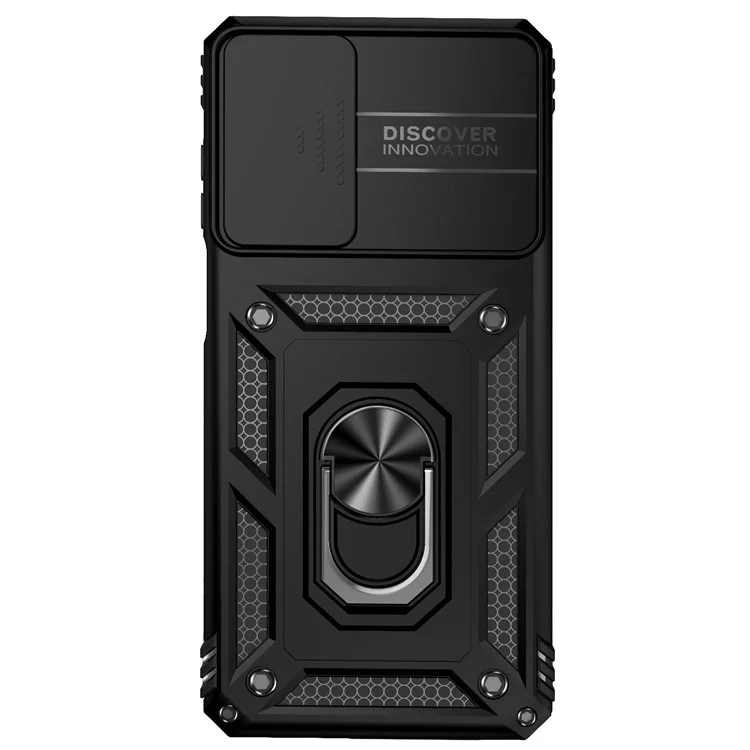 Para Motorola Moto G62 5G Metal Ring Kickstand PC + TPU Funda protectora posterior a prueba de golpes con tapa corrediza para la cámara - Negro