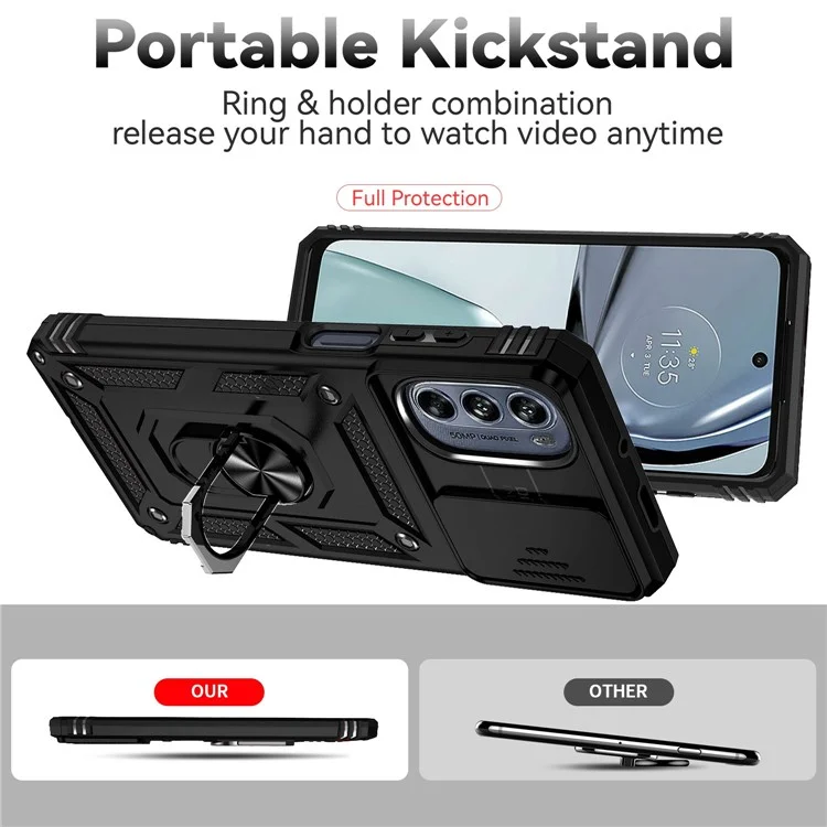 Para Motorola Moto G62 5G Metal Ring Kickstand PC + TPU Funda protectora posterior a prueba de golpes con tapa corrediza para la cámara - Negro