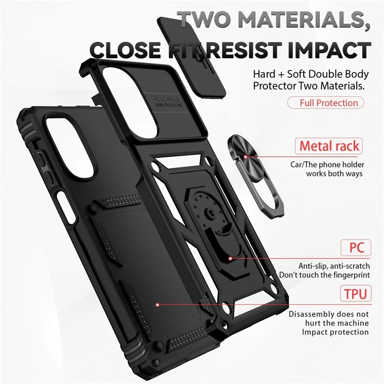 Para Motorola Moto G62 5G Metal Ring Kickstand PC + TPU Funda protectora posterior a prueba de golpes con tapa corrediza para la cámara - Negro