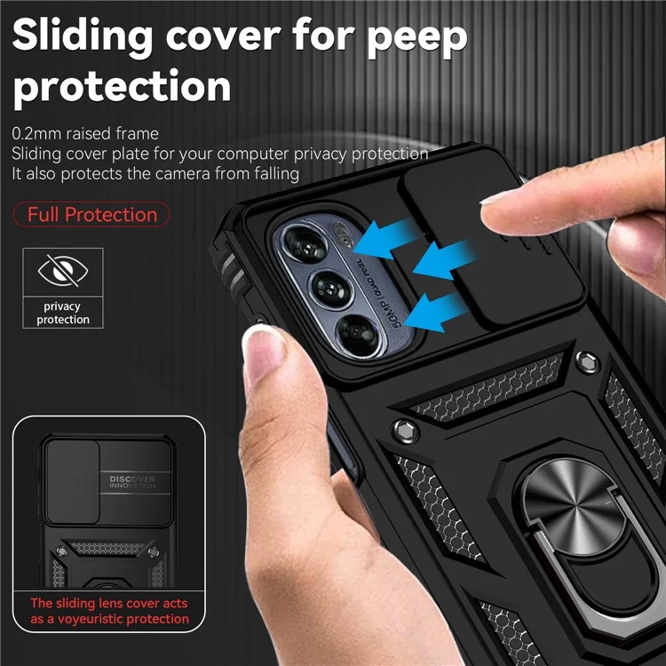 Para Motorola Moto G62 5G Metal Ring Kickstand PC + TPU Funda protectora posterior a prueba de golpes con tapa corrediza para la cámara - Negro