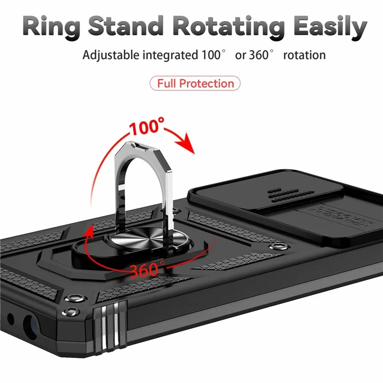 Para Motorola Moto G62 5G Metal Ring Kickstand PC + TPU Funda protectora posterior a prueba de golpes con tapa corrediza para la cámara - Negro