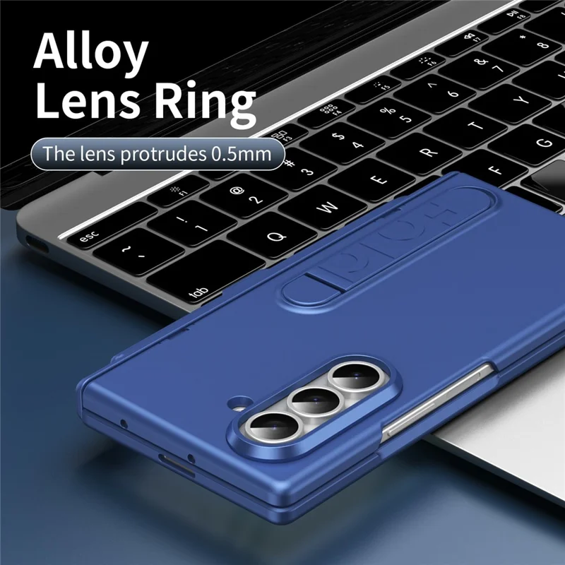 For Samsung Galaxy Z Fold5 5G Case Kickstand Hard PC Phone Cover with Tempered Glass Film / Stylus / Pen Slot - Sapphire