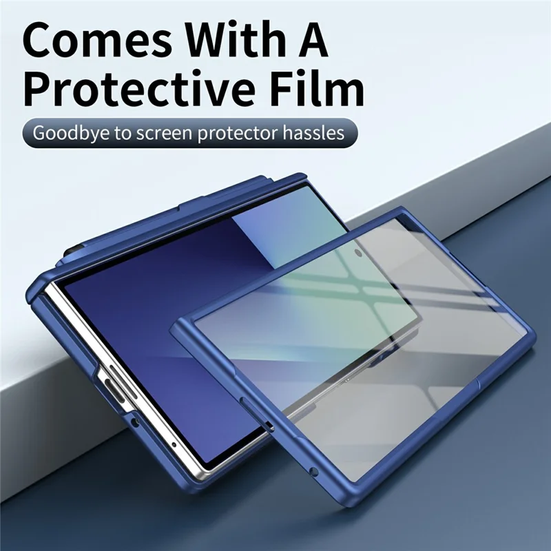 For Samsung Galaxy Z Fold5 5G Case Kickstand Hard PC Phone Cover with Tempered Glass Film / Stylus / Pen Slot - Sapphire