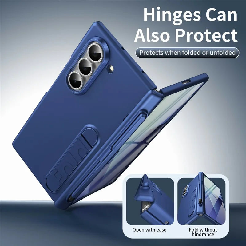 For Samsung Galaxy Z Fold5 5G Case Kickstand Hard PC Phone Cover with Tempered Glass Film / Stylus / Pen Slot - Sapphire