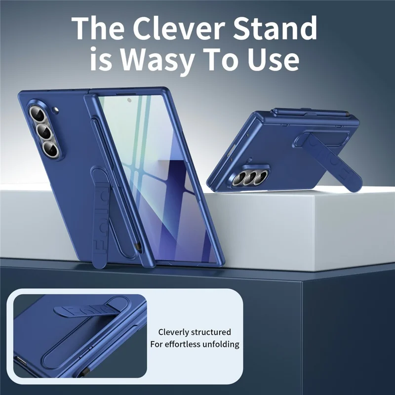 For Samsung Galaxy Z Fold5 5G Case Kickstand Hard PC Phone Cover with Tempered Glass Film / Stylus / Pen Slot - Sapphire