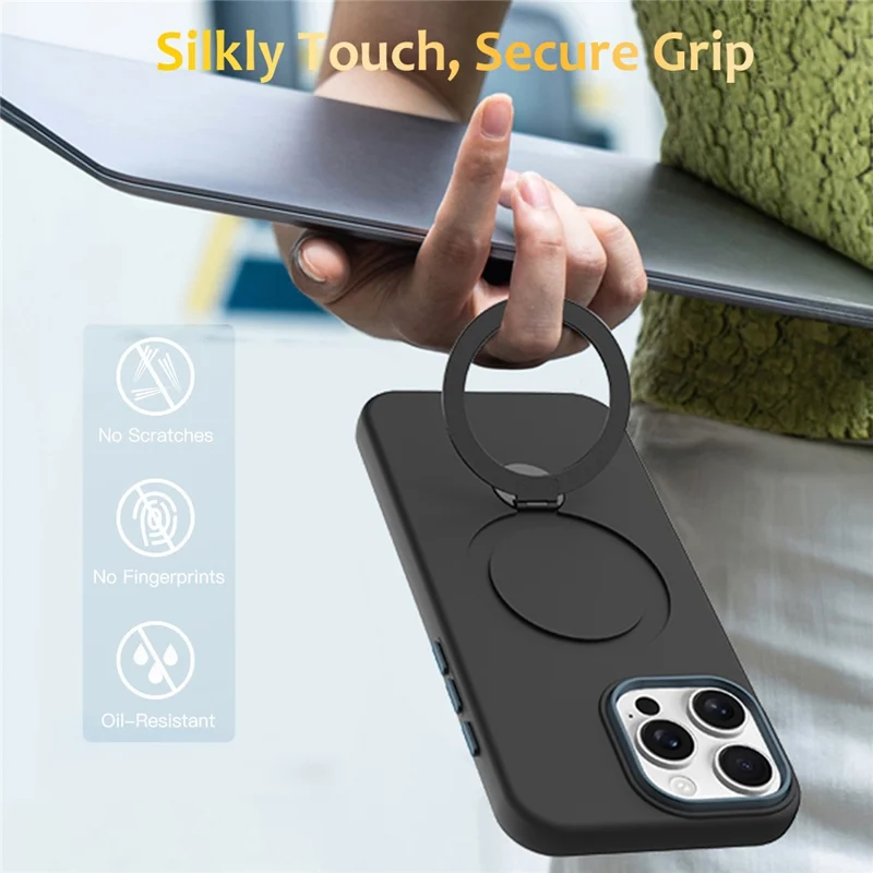 For iPhone 16 Pro Case Compatible with MagSafe Rotating Ring Kickstand TPU + PC Phone Back Cover - Black