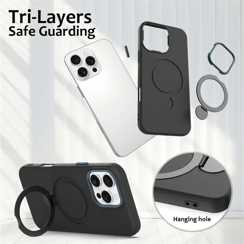 For iPhone 16 Pro Case Compatible with MagSafe Rotating Ring Kickstand TPU + PC Phone Back Cover - Black