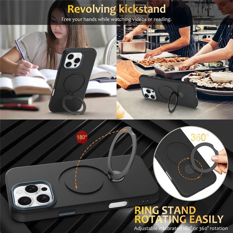 For iPhone 16 Pro Max Case Compatible with MagSafe Rotating Ring Kickstand TPU + PC Phone Back Cover - Black
