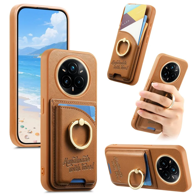 Voor Realme 14 Pro 5G hoesje met kaarthouder, strassringhouder, standaard, lederen achterkant telefoonhoes - Bruin