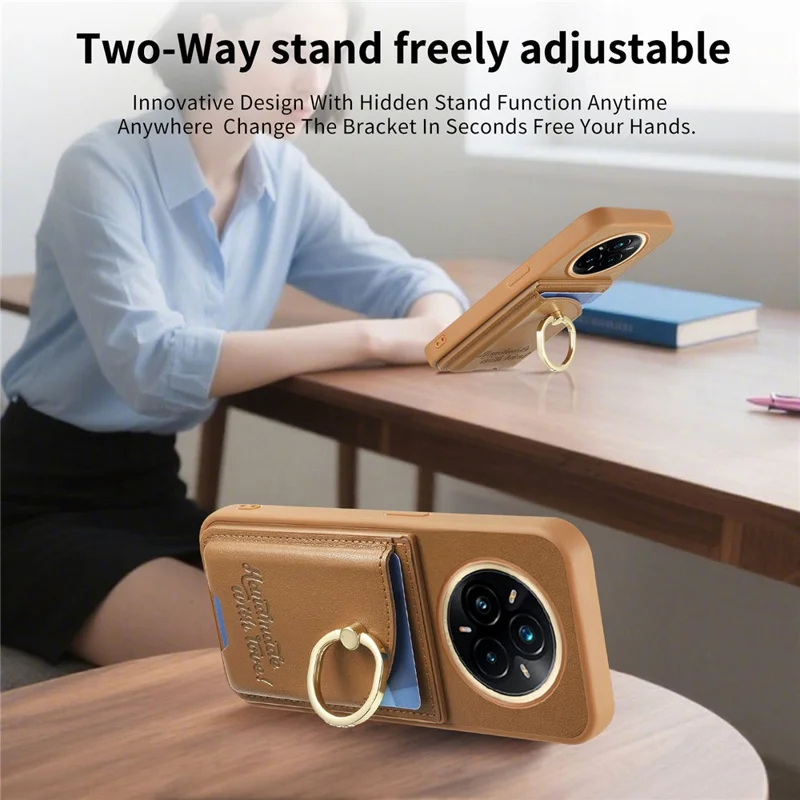 Voor Realme 14 Pro 5G hoesje met kaarthouder, strassringhouder, standaard, lederen achterkant telefoonhoes - Bruin