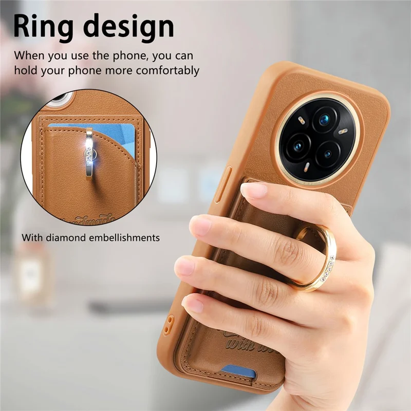 Voor Realme 14 Pro 5G hoesje met kaarthouder, strassringhouder, standaard, lederen achterkant telefoonhoes - Bruin