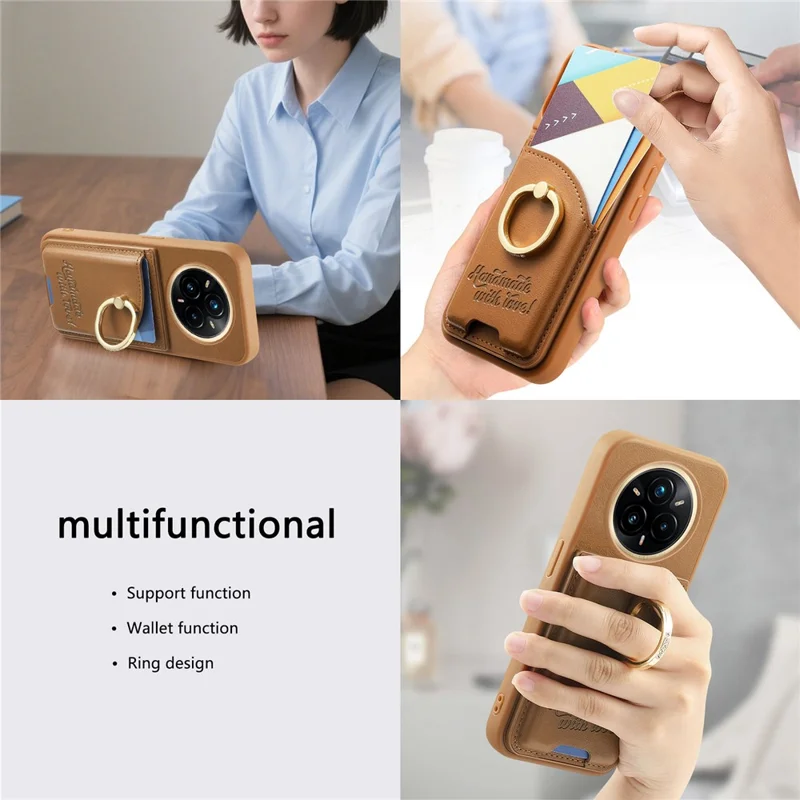 Voor Realme 14 Pro 5G hoesje met kaarthouder, strassringhouder, standaard, lederen achterkant telefoonhoes - Bruin