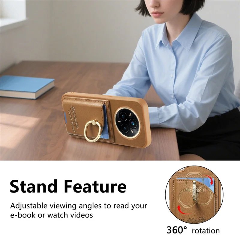 Voor Realme 14 Pro 5G hoesje met kaarthouder, strassringhouder, standaard, lederen achterkant telefoonhoes - Bruin