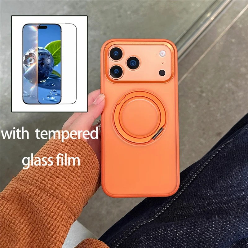 For iPhone 17 Pro Kickstand Matte Case Compatible with MagSafe Silicone Acrylic PC Phone Shell with Screen Film - Orange