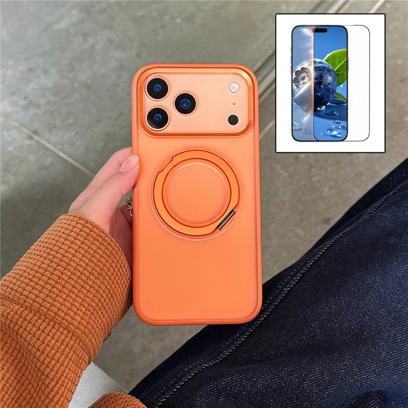 Capa com Suporte para iPhone 17 Pro Max Compatível com MagSafe, Capa de Silicone Acrílico PC Fosca com Película de Tela - Laranja