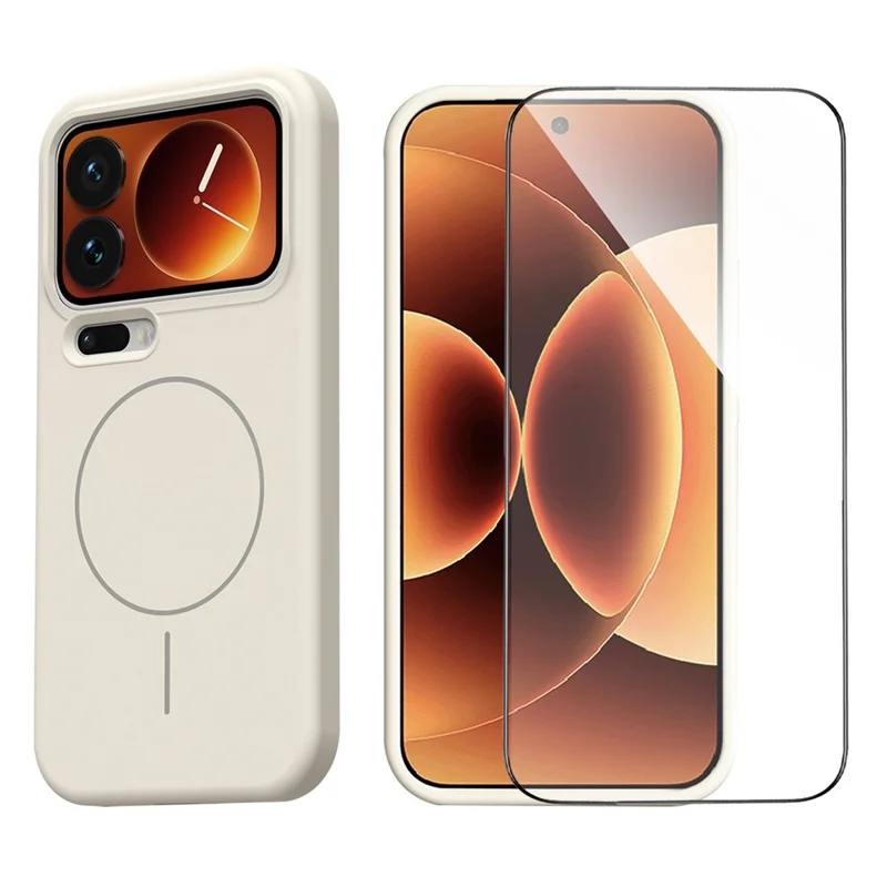 For Xiaomi 17 Pro Liquid Silicone Magnetic Case Shockproof Phone Cover with Screen Protector - Antique White