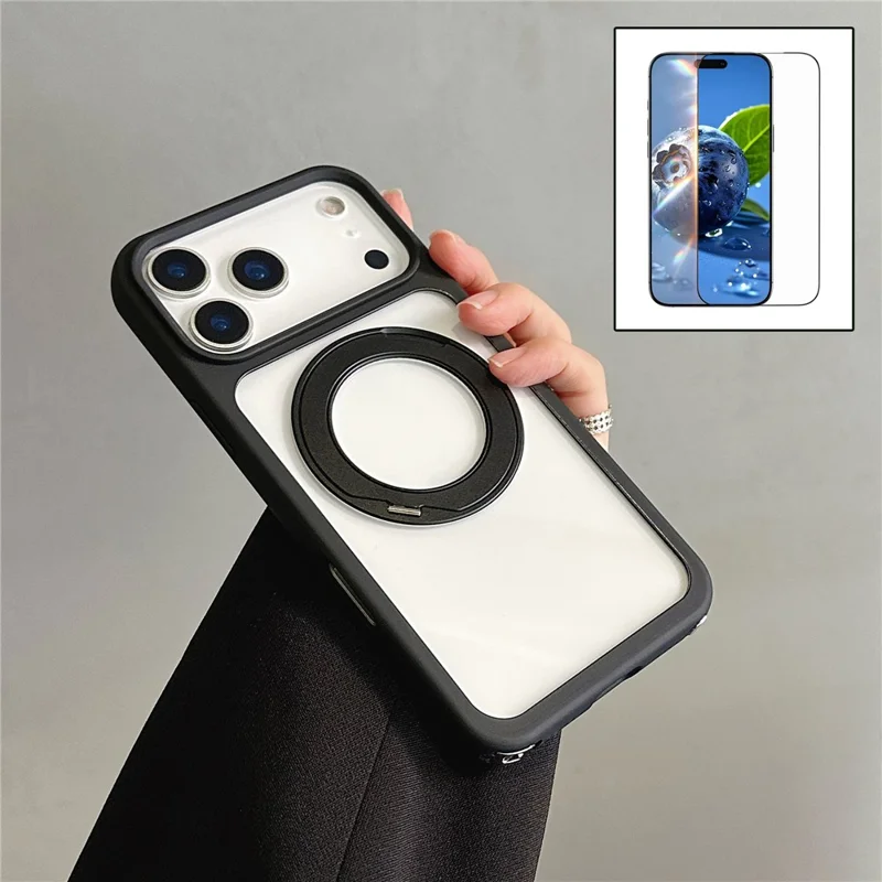 For iPhone 17 Pro Kickstand Case with Strap / Screen Film Compatible with MagSafe TPU Acrylic PC Phone Cover - Black