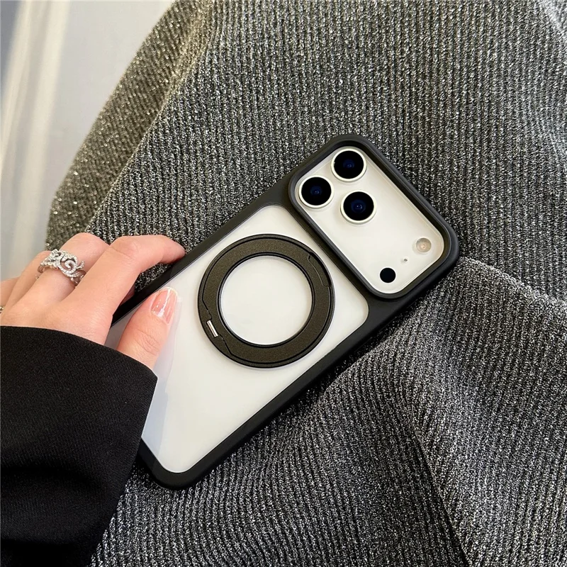 For iPhone 17 Pro Kickstand Case with Strap / Screen Film Compatible with MagSafe TPU Acrylic PC Phone Cover - Black