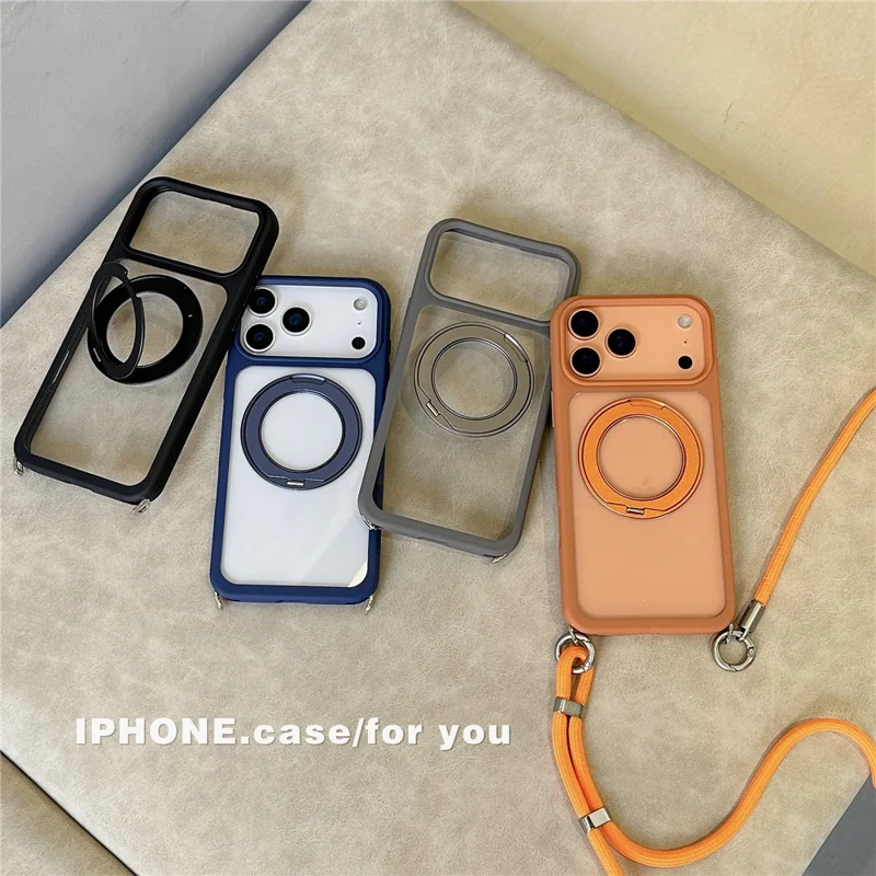 For iPhone 17 Pro Kickstand Case with Strap / Screen Film Compatible with MagSafe TPU Acrylic PC Phone Cover - Black